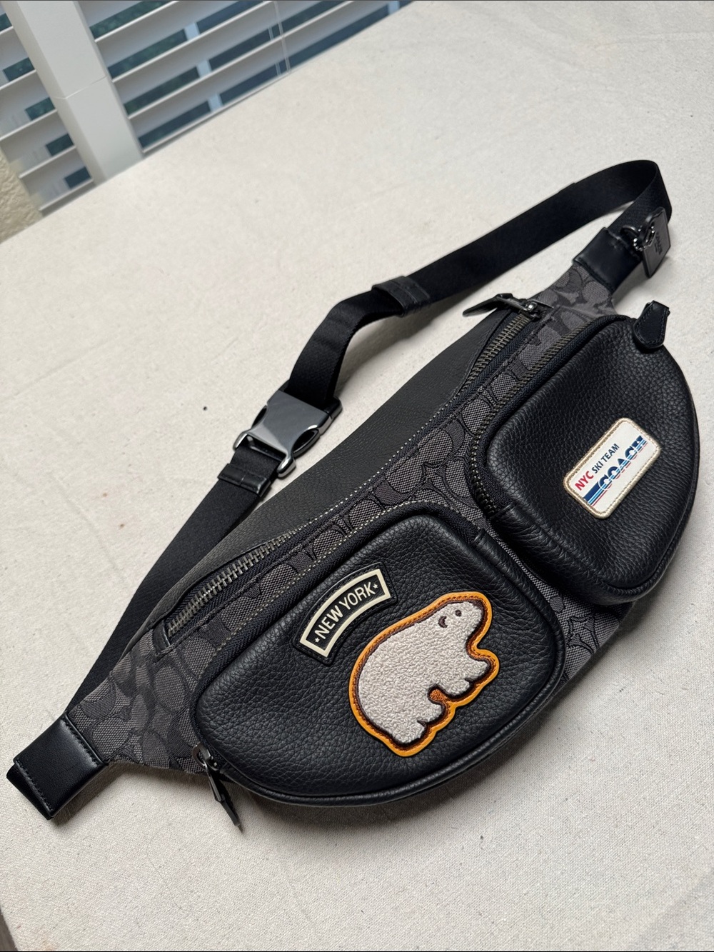 Coach Sprint Belt In Signature Jacquard  With Ski Patches Bag.